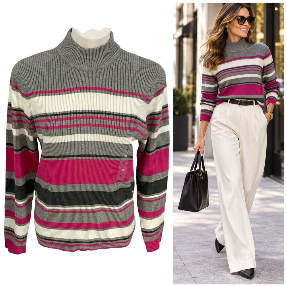 Karen Scott Womens XL Turtleneck Sweater Pink Gray Cotton Striped NWT Ski Preppy